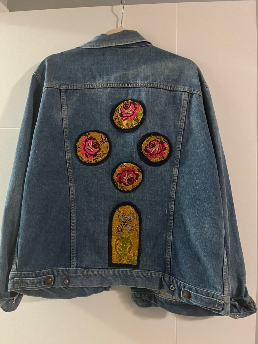 Upcycled Vintage Denim Jacket with Embroidered Patchwork - Blue